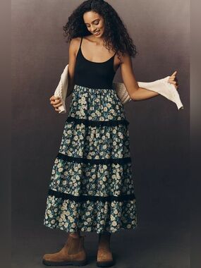 Anthropologie Black Bodice Daisy-Tiered Midi Dress size small